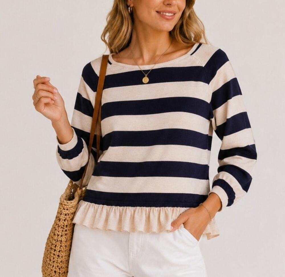 Skies Are Blue Womens Striped Knit Top Medium Blue White Coastal Preppy Fall
